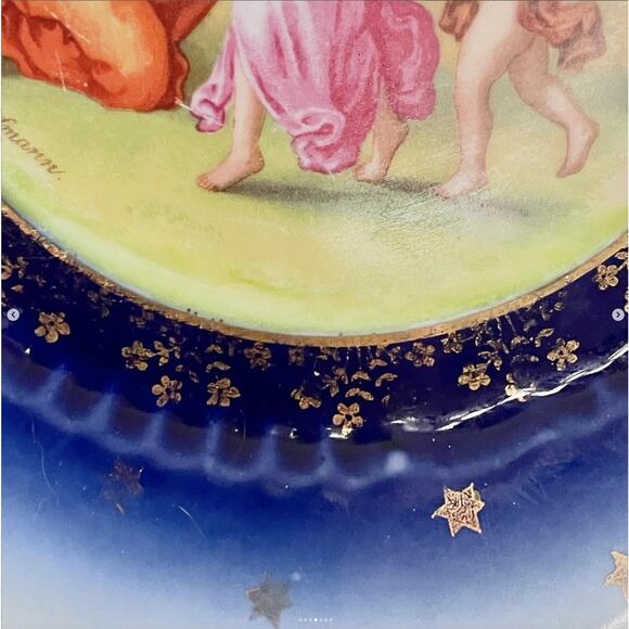 Antique Porcelain Cabinet Plate Flow Blue Hand Painted Cherub Kaufmann Austria - Picture 4 of 7
